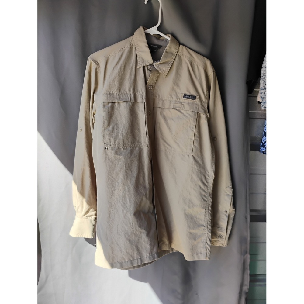 Eddie Bauer Mens Medium Khaki Long Sleeve Fishing Shirt Ventilated Hiking Top